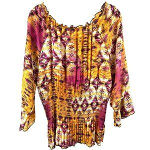 Nikola Top L Boho Pink Purple White Tribal‎ Aztec Chiffon Smocking Sheer Hippie